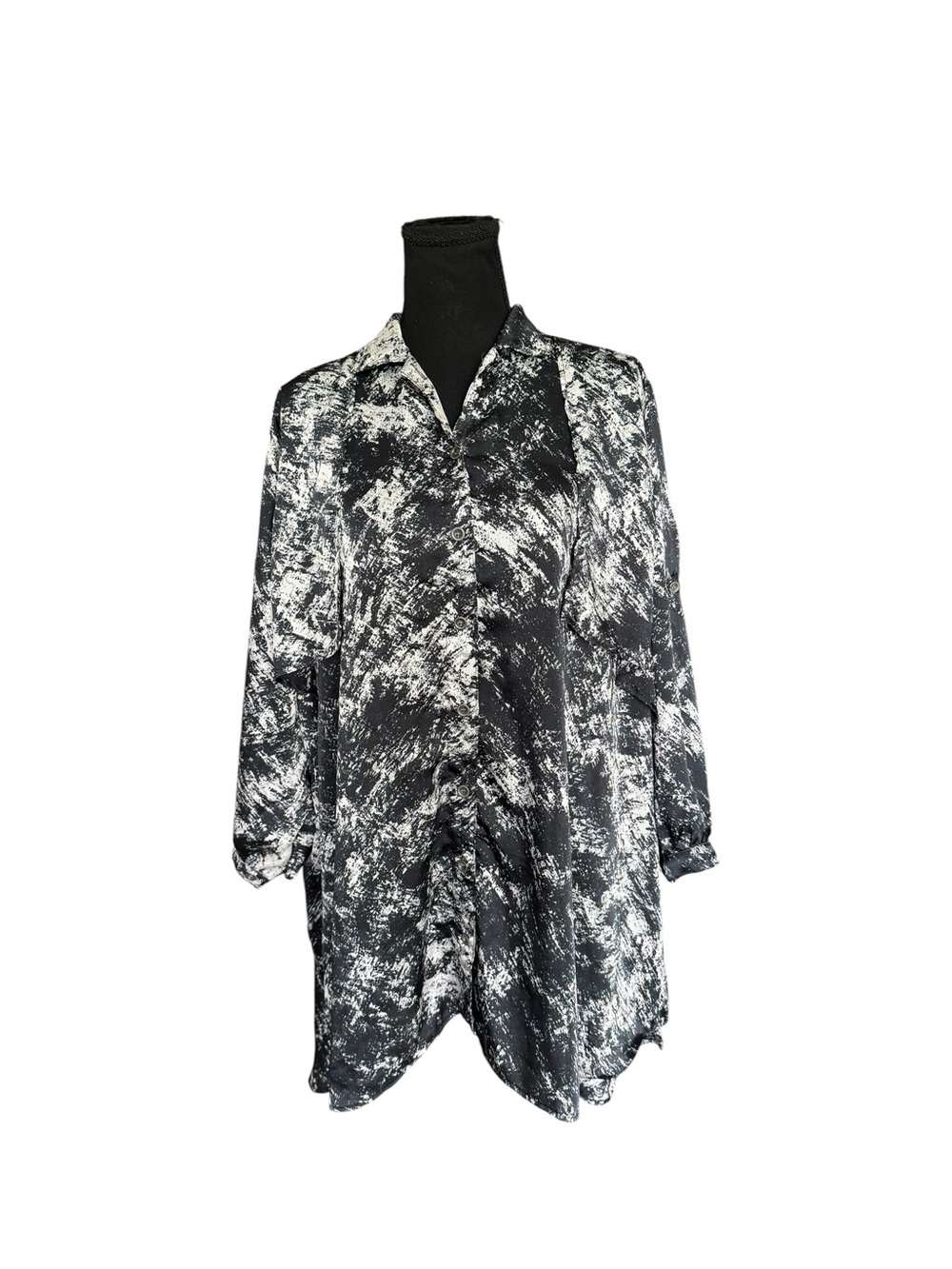 MINKPINK Black White Abstract Ruched Button Down Tunic Shirt Dress M